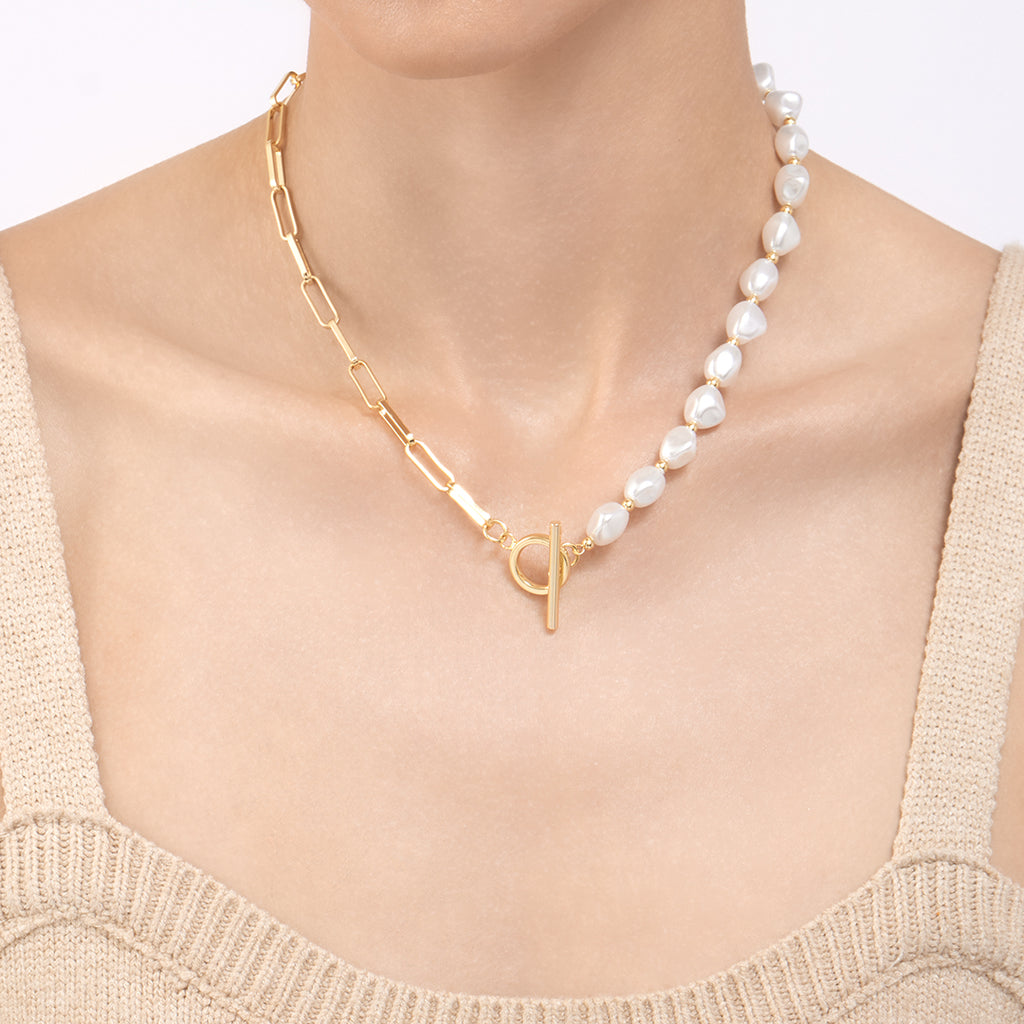 Gold Paperclip Chain Necklace with Baroque Pearl